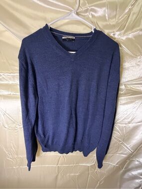 Marco Fiori Mens L 100% Merino Wool V Neck Sweater Blue Made in Italy
